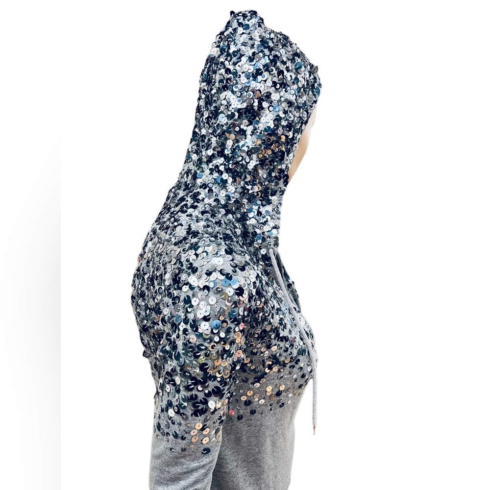 LOVE MOSCHINO METALLIC Sequins Silver Hoodie Size 2 US 96% Cotton 4% Elastane - Picture 2 of 16